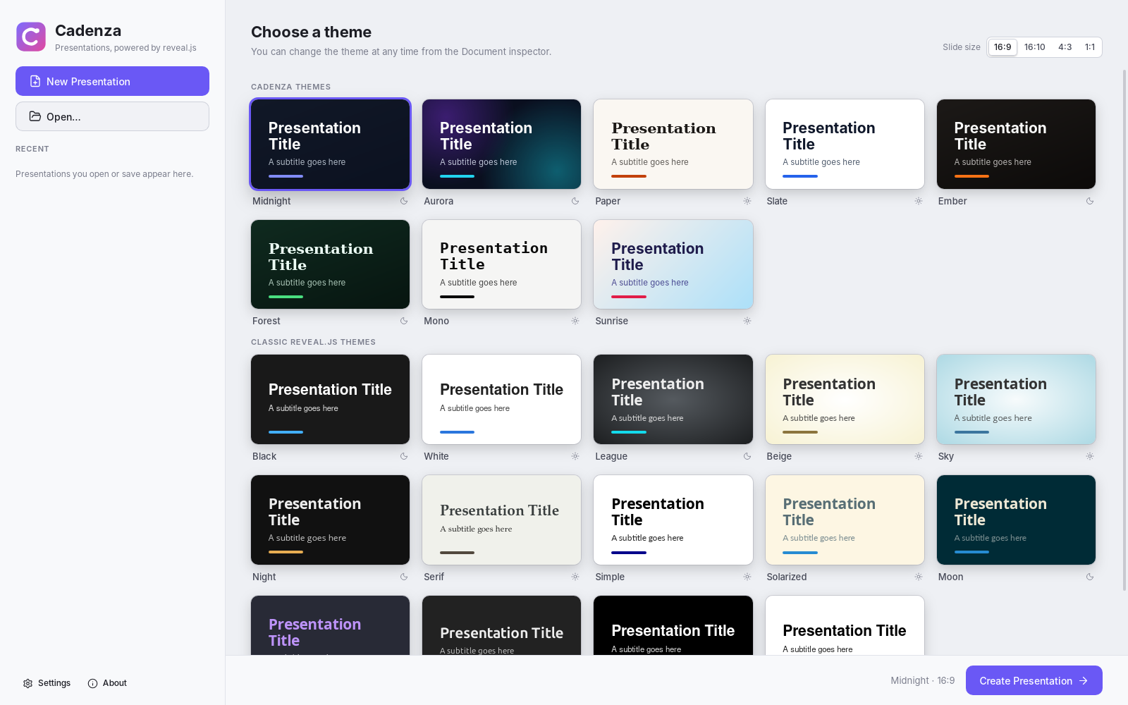 Cadenza's start screen, choosing a theme for a new presentation